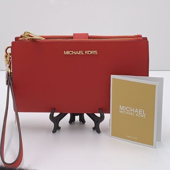 Michael Kors Large Double Zip Wristlet Wallet Leather Flame Color